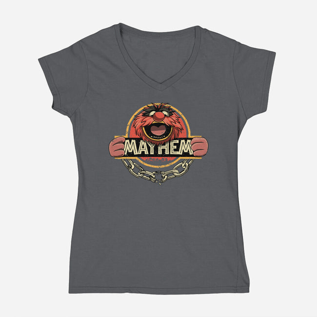 Jurassic Mayhem-Womens-V-Neck-Tee-retrodivision