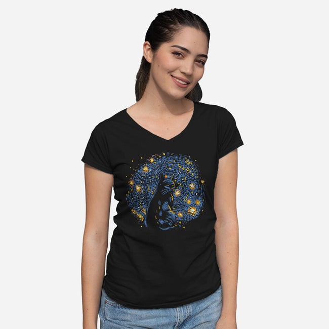 Starry Night Black Cat-Womens-V-Neck-Tee-tobefonseca