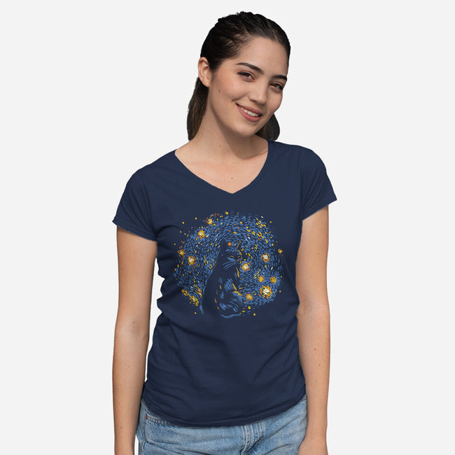 Starry Night Black Cat-Womens-V-Neck-Tee-tobefonseca