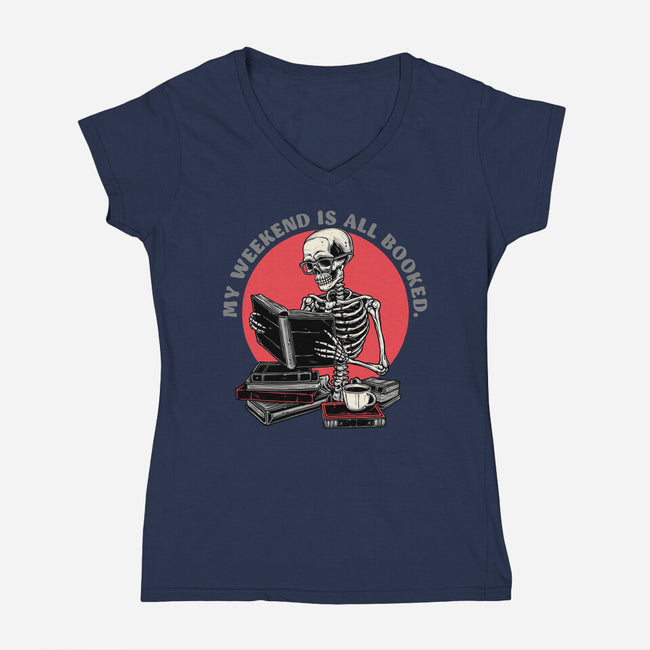 Weekend Reader-Womens-V-Neck-Tee-glitchygorilla