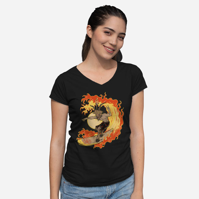 Surfing With The Devil-Womens-V-Neck-Tee-Green Devil