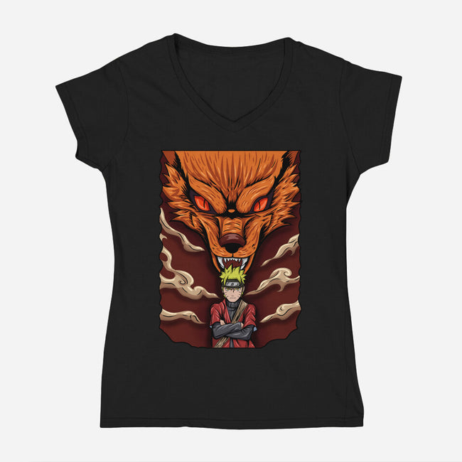 Power Of Kyubi-Womens-V-Neck-Tee-nickzzarto