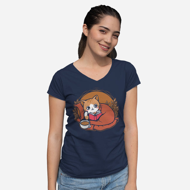 Comfy Cat Book-Womens-V-Neck-Tee-Studio Mootant