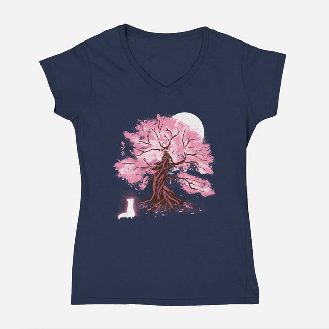 Fox At Sakura Tree-Womens-V-Neck-Tee-IKILO