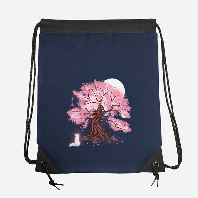 Fox At Sakura Tree-None-Drawstring-Bag-IKILO