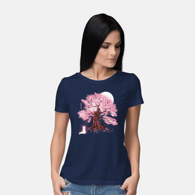 Fox At Sakura Tree-Womens-Basic-Tee-IKILO