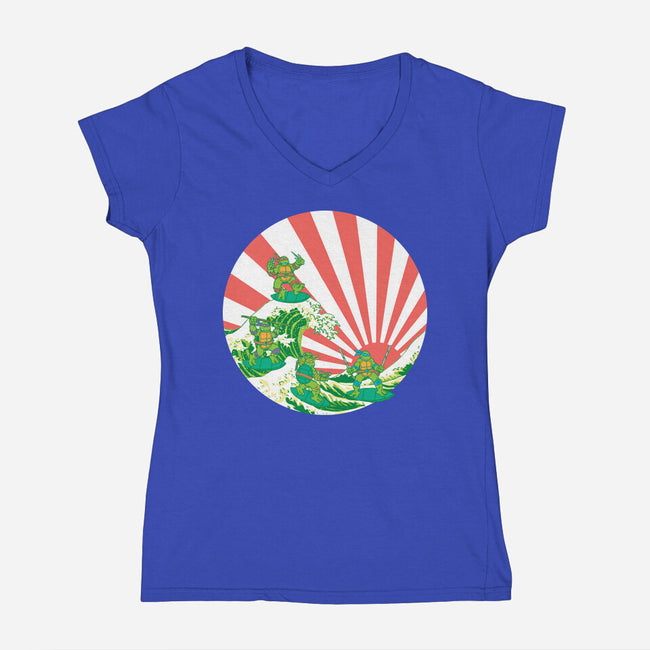 The Great Wave Of Cowabunga-Womens-V-Neck-Tee-dalethesk8er