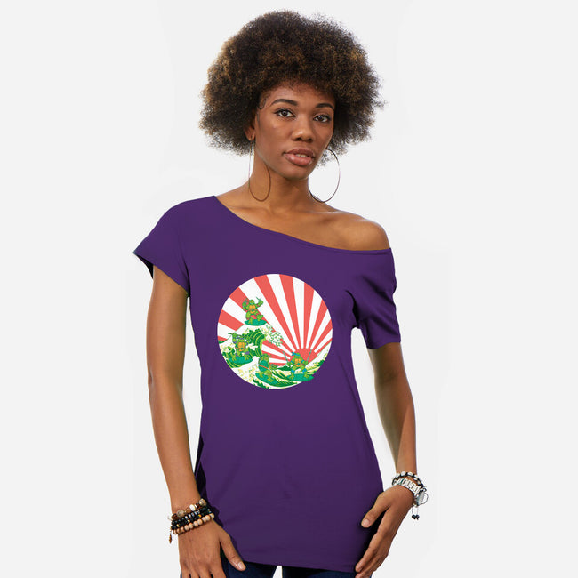 The Great Wave Of Cowabunga-Womens-Off Shoulder-Tee-dalethesk8er