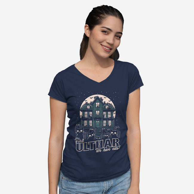 Cats Visit Ulthar-Womens-V-Neck-Tee-Studio Mootant