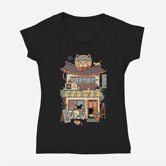 Cat Cafe-Womens-V-Neck-Tee-vp021