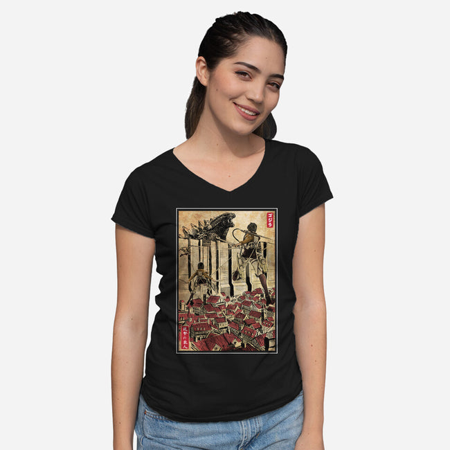 The King Of Monsters In Maria's Wall-Womens-V-Neck-Tee-DrMonekers