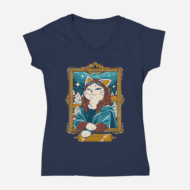 Meownalisa-Womens-V-Neck-Tee-yumie