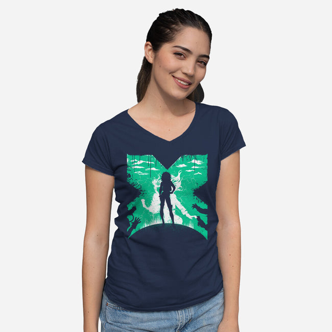 The Rogue-Womens-V-Neck-Tee-rocketman_art