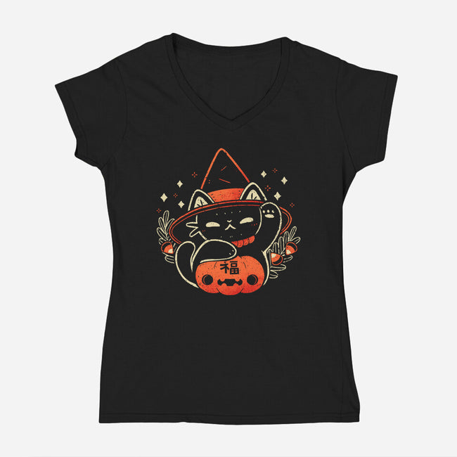 Halloween Maneki Neko-Womens-V-Neck-Tee-xMorfina