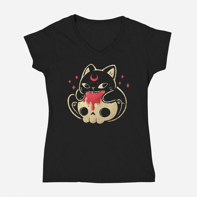 Creepy Black Cat-Womens-V-Neck-Tee-xMorfina