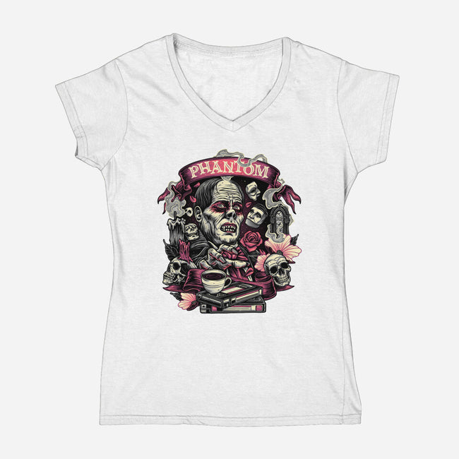 Many Faces Of The Phantom-Womens-V-Neck-Tee-glitchygorilla