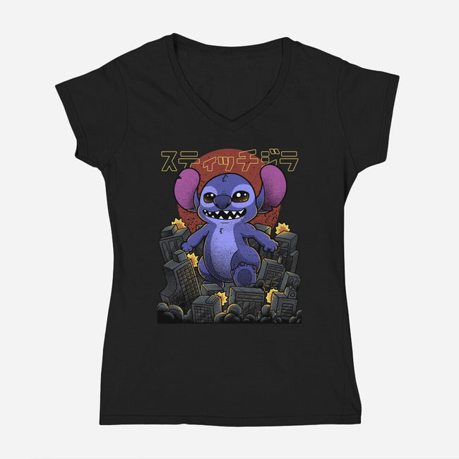 Stitchzilla-Womens-V-Neck-Tee-Astrobot Invention