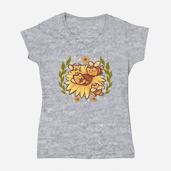 Sunflower Cat Bee-Womens-V-Neck-Tee-TechraNova