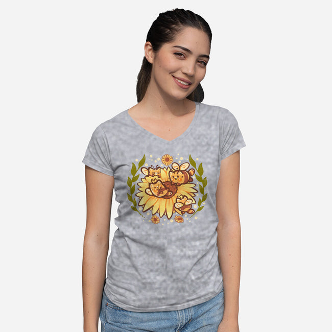 Sunflower Cat Bee-Womens-V-Neck-Tee-TechraNova