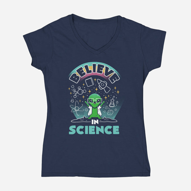 Believe In Science Alien-Womens-V-Neck-Tee-tobefonseca