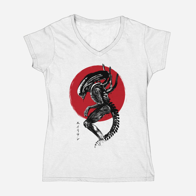 Xenomorph Sumi-e-Womens-V-Neck-Tee-DrMonekers