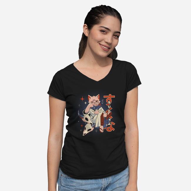 Sukuna Cat-Womens-V-Neck-Tee-yumie