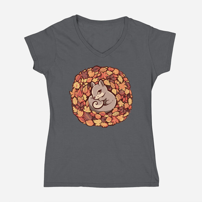 Squirrel Upon Autumn Leaves-Womens-V-Neck-Tee-TechraNova