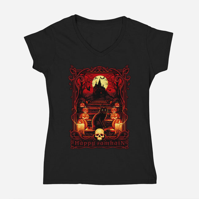 Happy Samhain-Womens-V-Neck-Tee-daobiwan