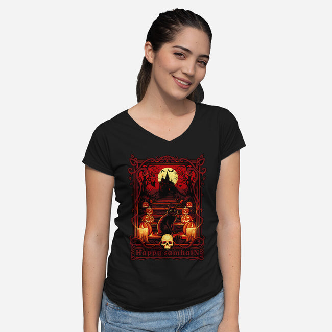 Happy Samhain-Womens-V-Neck-Tee-daobiwan