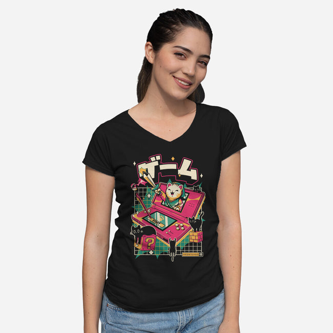 Meowtendo DS-Womens-V-Neck-Tee-Yuri Santos Art