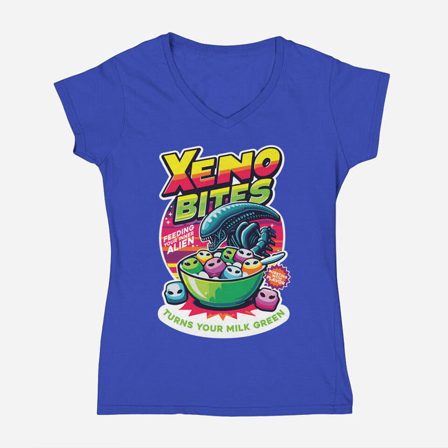 Xeno Bites-Womens-V-Neck-Tee-Joel