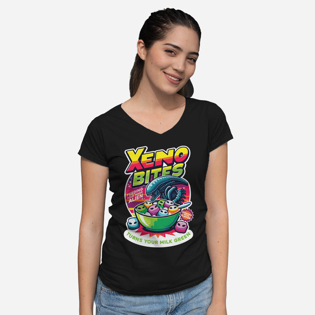 Xeno Bites-Womens-V-Neck-Tee-Joel