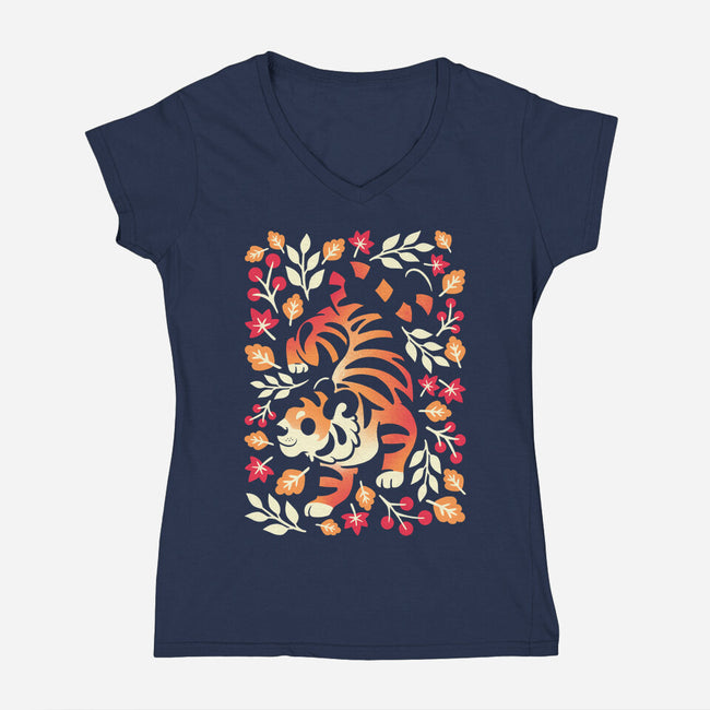 Autumn Cute Tiger-Womens-V-Neck-Tee-NemiMakeit