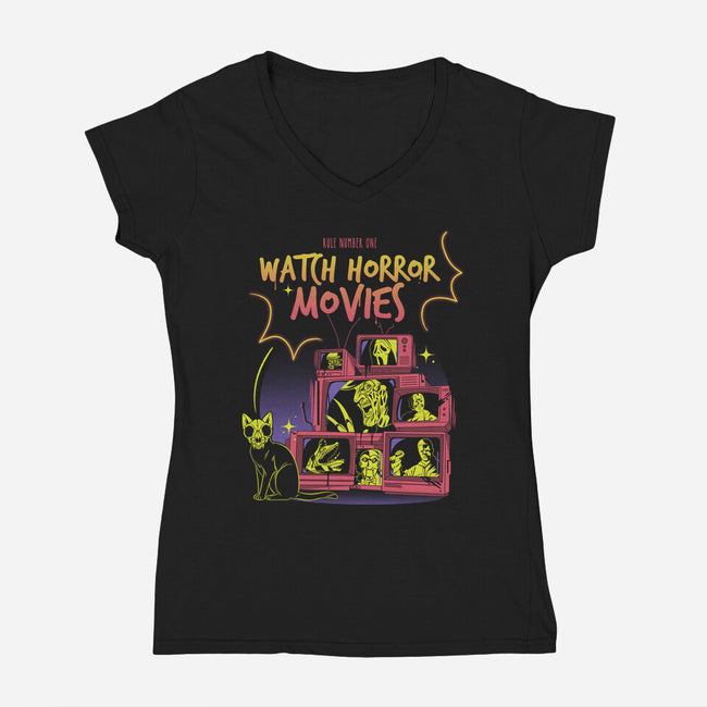 Watch Horror Movies-Womens-V-Neck-Tee-yumie