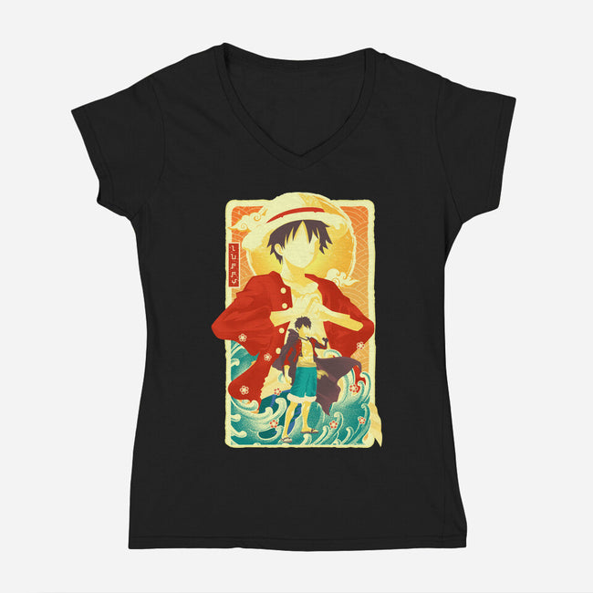 Great Wave Luffy-Womens-V-Neck-Tee-hypertwenty