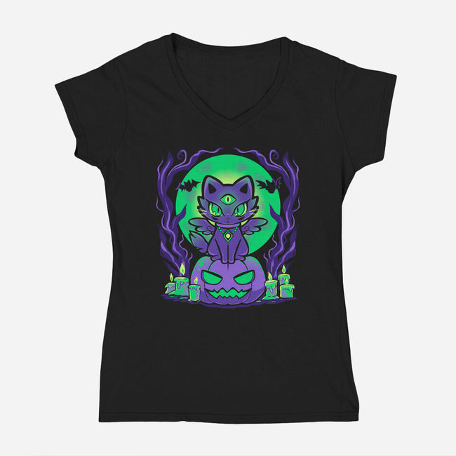 Spooky Moonlit Cat-Womens-V-Neck-Tee-TechraNova