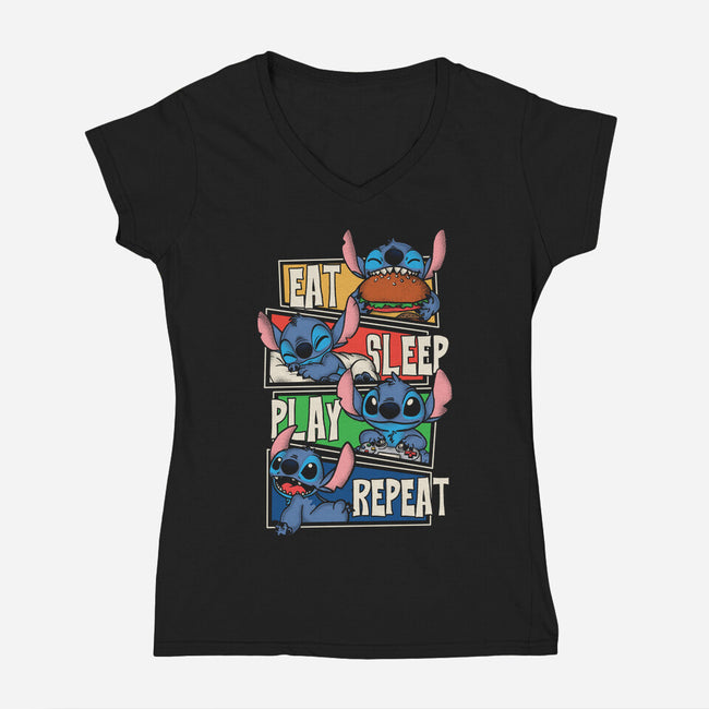 Stitch's Routine-Womens-V-Neck-Tee-turborat14