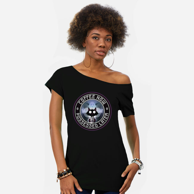 Coffee Now Possessed Later-Womens-Off Shoulder-Tee-Whimsical Thinker