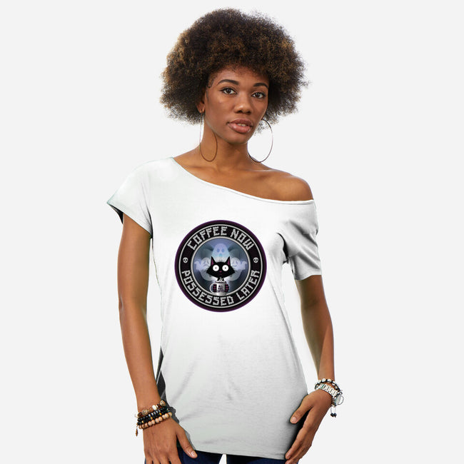 Coffee Now Possessed Later-Womens-Off Shoulder-Tee-Whimsical Thinker