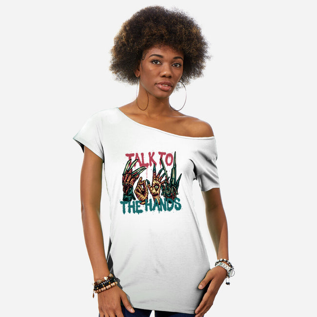 Talk To The Hands-Womens-Off Shoulder-Tee-glitchygorilla