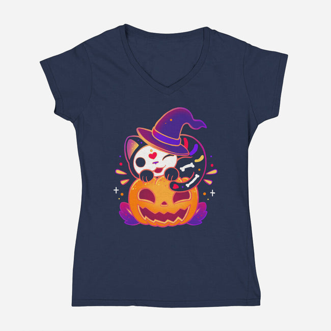 Kitten Witched Pumpkin-Womens-V-Neck-Tee-Vallina84