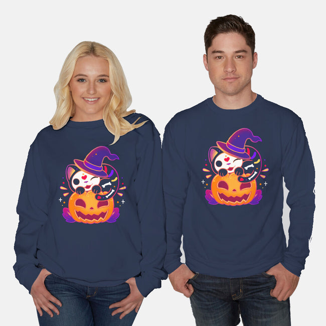 Kitten Witched Pumpkin-Unisex-Crew Neck-Sweatshirt-Vallina84