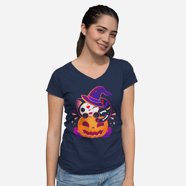 Kitten Witched Pumpkin-Womens-V-Neck-Tee-Vallina84