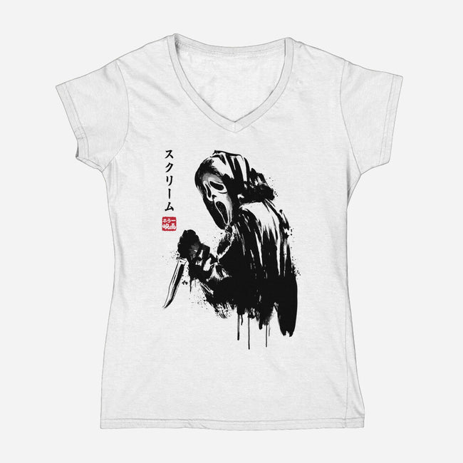 Woodsboro Killer Sumi-e-Womens-V-Neck-Tee-DrMonekers