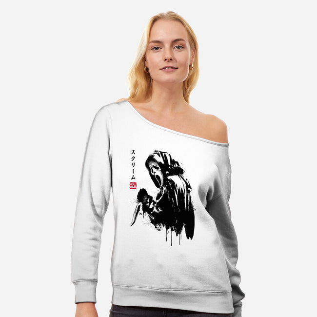 Woodsboro Killer Sumi-e-Womens-Off Shoulder-Sweatshirt-DrMonekers