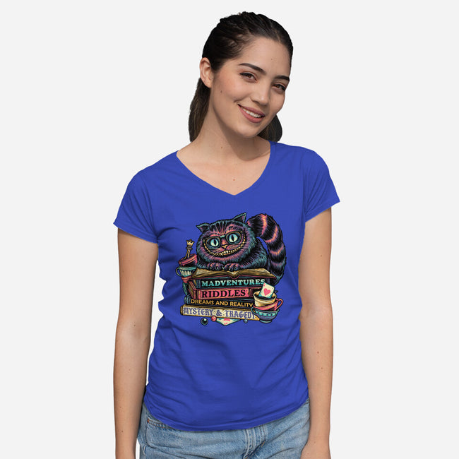 Bookish Cat-Womens-V-Neck-Tee-glitchygorilla