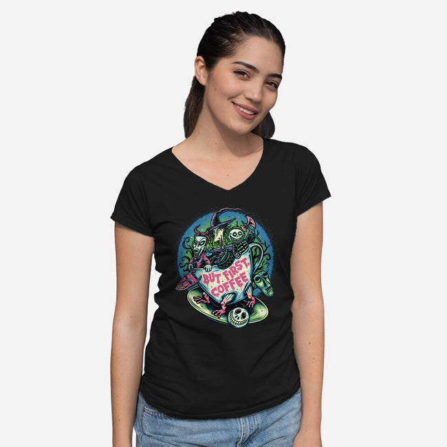 But First Coffee-Womens-V-Neck-Tee-glitchygorilla