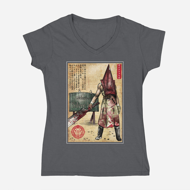 Pyramid Head Woodblock-Womens-V-Neck-Tee-DrMonekers