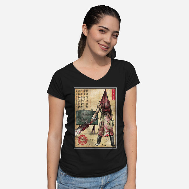 Pyramid Head Woodblock-Womens-V-Neck-Tee-DrMonekers