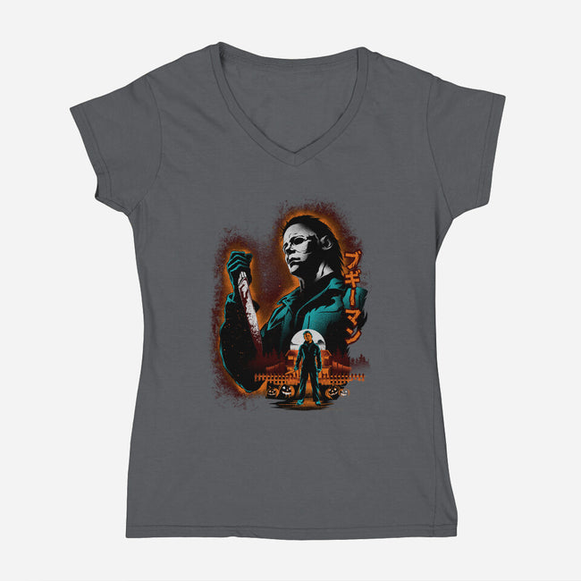 Attack Of Myers-Womens-V-Neck-Tee-hypertwenty